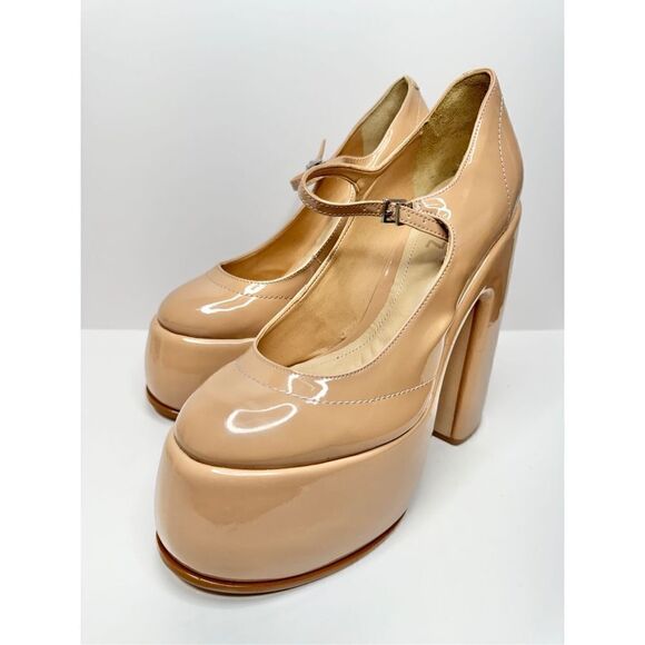 Schutz Mary Jane Pumps Size 8.5B Zayne Tan Patent Leather Platform Block Heel - Picture 2 of 10